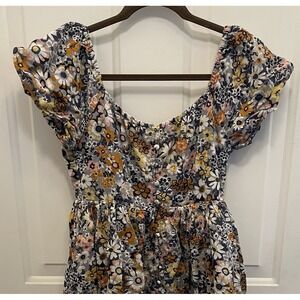 American Eagle Dainty Blue Floral Cotton Mini Dress Tiered Puff‎ Sleeve Women S